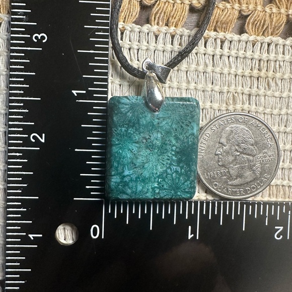 Green Coral Fossil Square Pendant on Black Satin Rope Cord - Picture 14 of 14